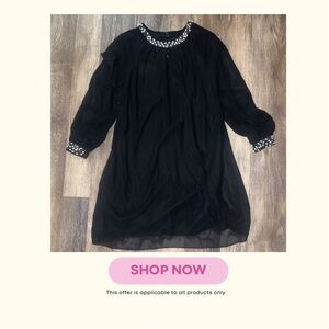 SLNY Black Dress with Pearl and Sequin Neckline